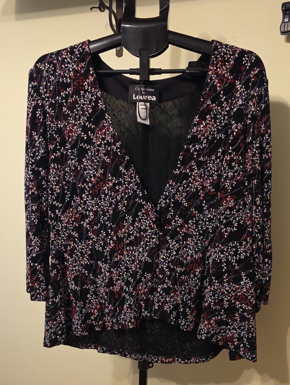 Two Piece Lourea Black Floral V-Neck Blouse and tank with Red and White Accents